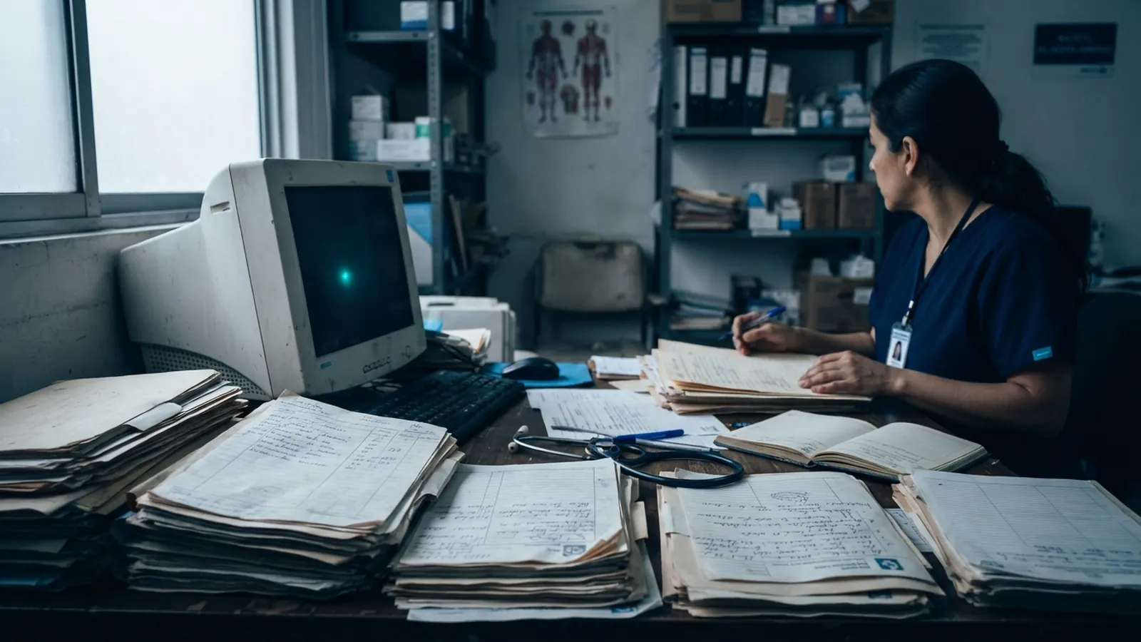 Enfermera entre expedientes en papel y monitor CRT viejo · IA para la Industria Farmacéutica en México 2026: Descubrimiento de Fármacos, Ensayos Clínicos, Farmacovigilancia y Regulación COFEPRIS