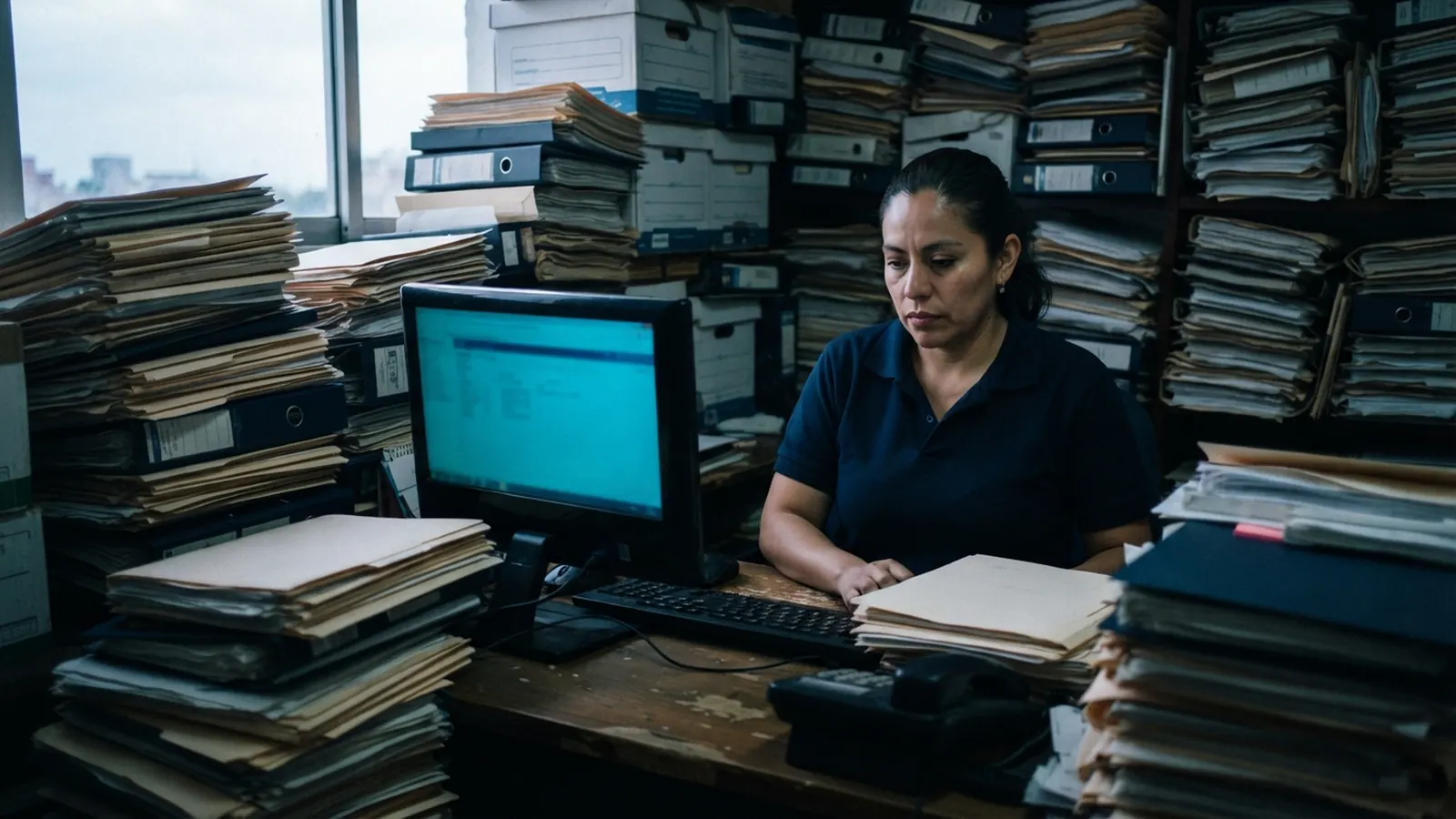 Mujer abrumada entre archivos y carpetas apiladas · USMCA legal IA: comercio internacional asistido por inteligencia artificial