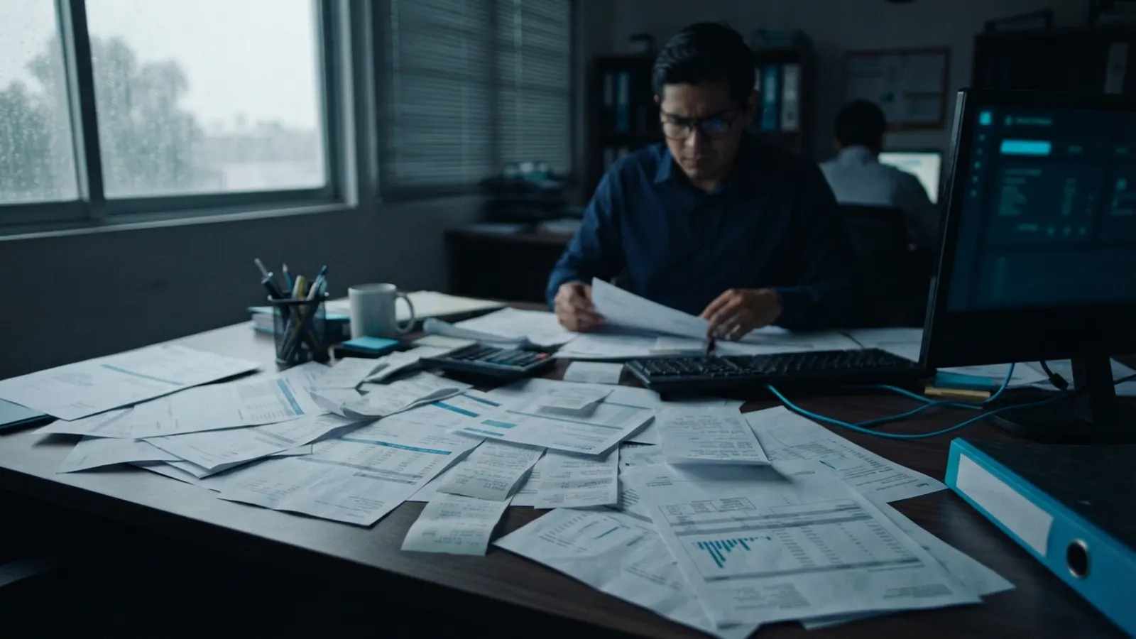 Escritorio saturado de recibos y tickets, luz fría · IA en Bienes Raíces en México 2026: FIBRAS, Desarrolladoras e Inversión Inmobiliaria Inteligente