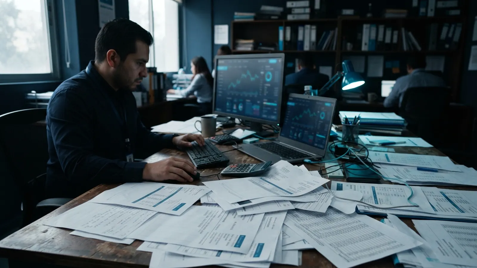 Oficina con escritorio cubierto de reportes y calculadora · IA Multimodal Automatiza Finanzas Complejas en 2026