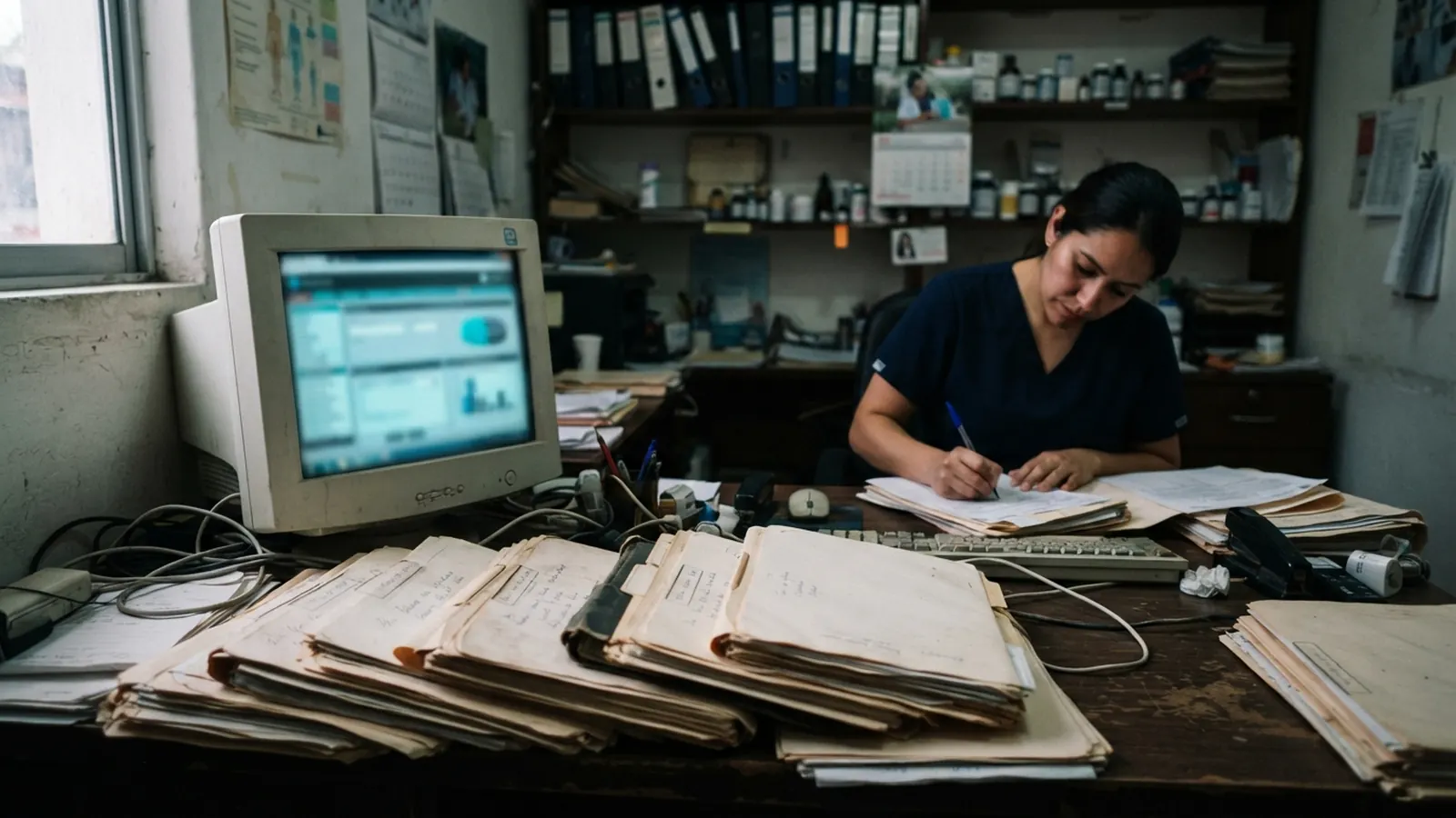 Consultorio con expedientes en papel y CRT, enfermera anotando · Agencia de IA para Clínicas y Consultorios Médicos en México