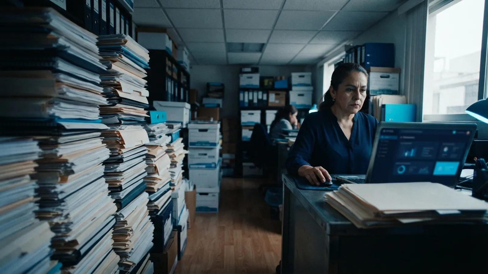 Oficina de archivo con torres de expedientes · USMCA legal IA: comercio internacional asistido por inteligencia artificial