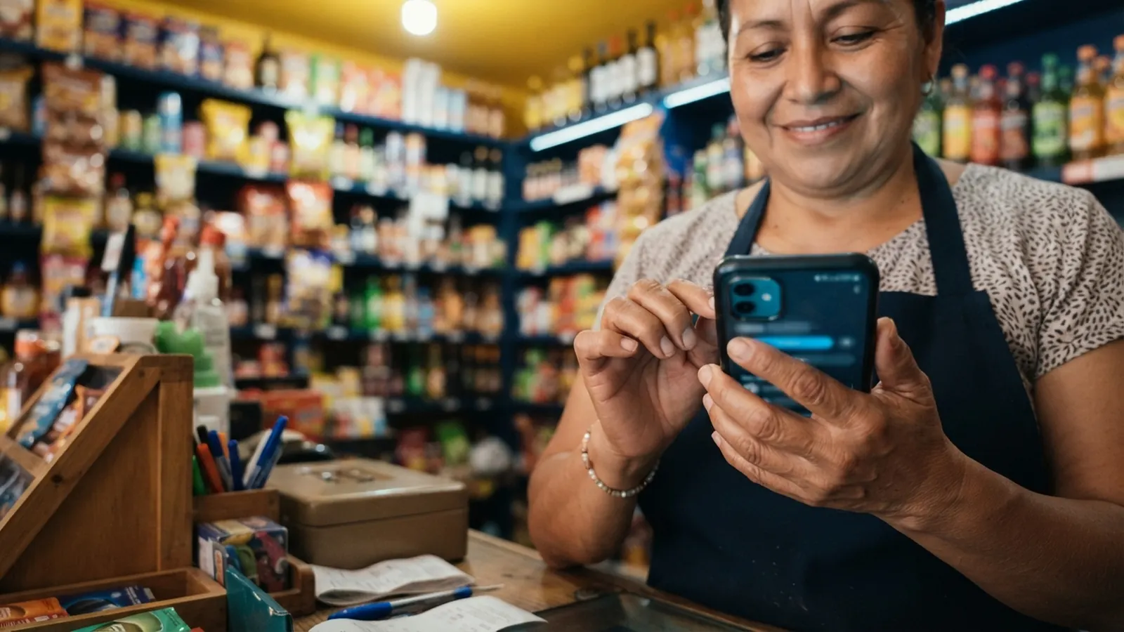 Tendera sonriente revisando el celular · IA para Restaurantes y Retail: Casos México 2025