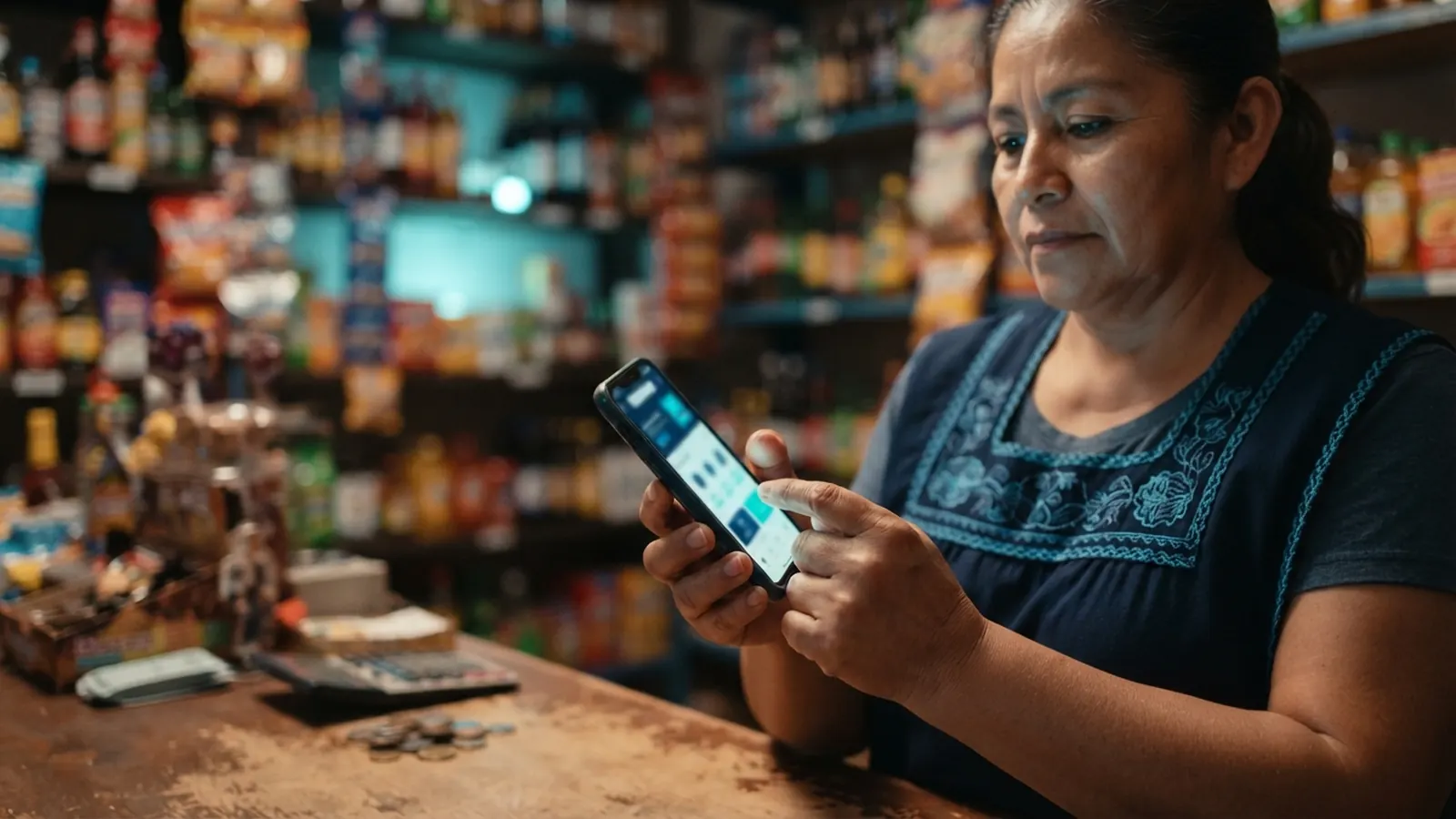 Tendera consultando app en el celular · IA Retail México: Transforma Comercio Minorista 2026