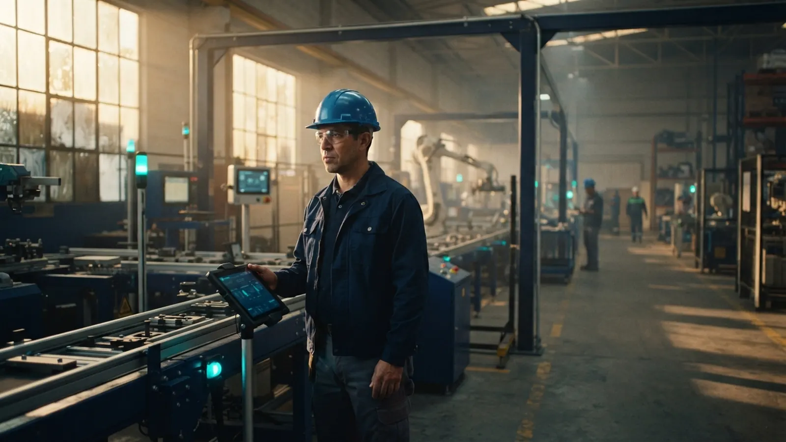 Operario con tableta en planta con brazo robótico · ¿Cómo Optimizar la Cadena de Suministro con Inteligencia Artificial en México?