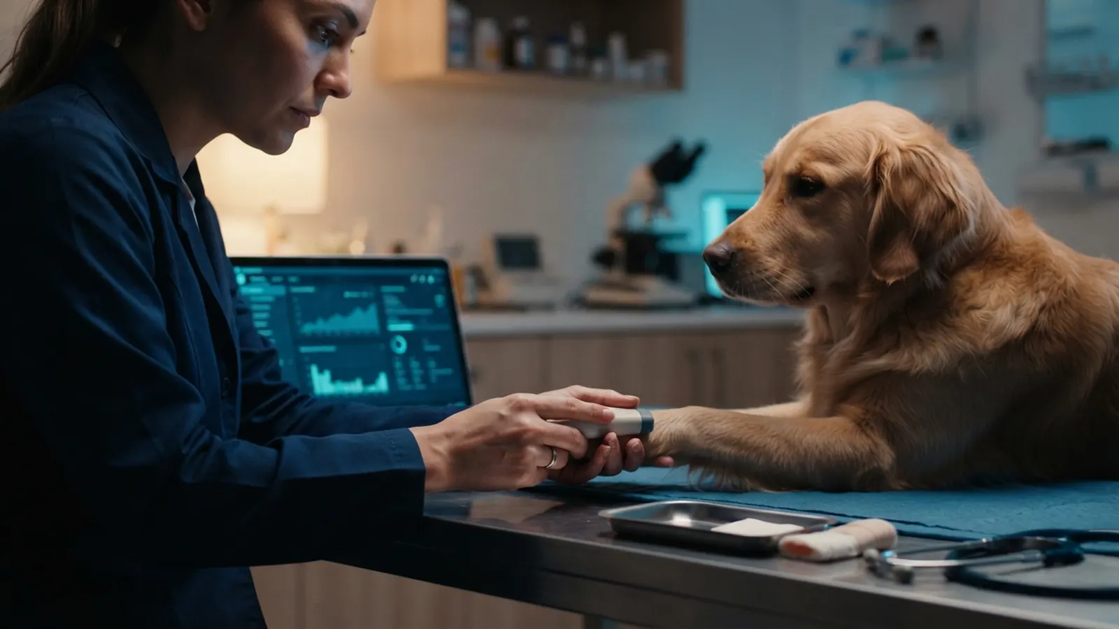 Veterinaria coloca sensor en la pata del perro con laptop de datos al lado · WouWou: Cómo Automatizamos una Clínica Veterinaria Completa con IA