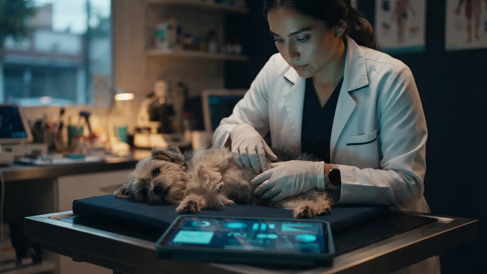 Veterinaria con guantes palpa a un perrito con tableta de datos en la mesa · CRM por Voz: Cómo WhisperAI Transformó las Ventas de una Veterinaria