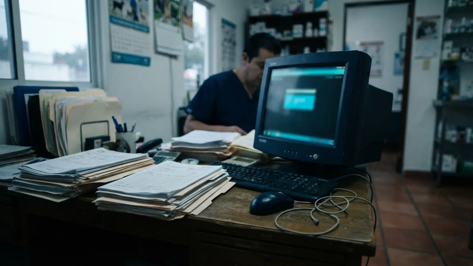 Recepción de clínica con expedientes apilados y monitor viejo, luz fría · WouWou: Cómo Automatizamos una Clínica Veterinaria Completa con IA