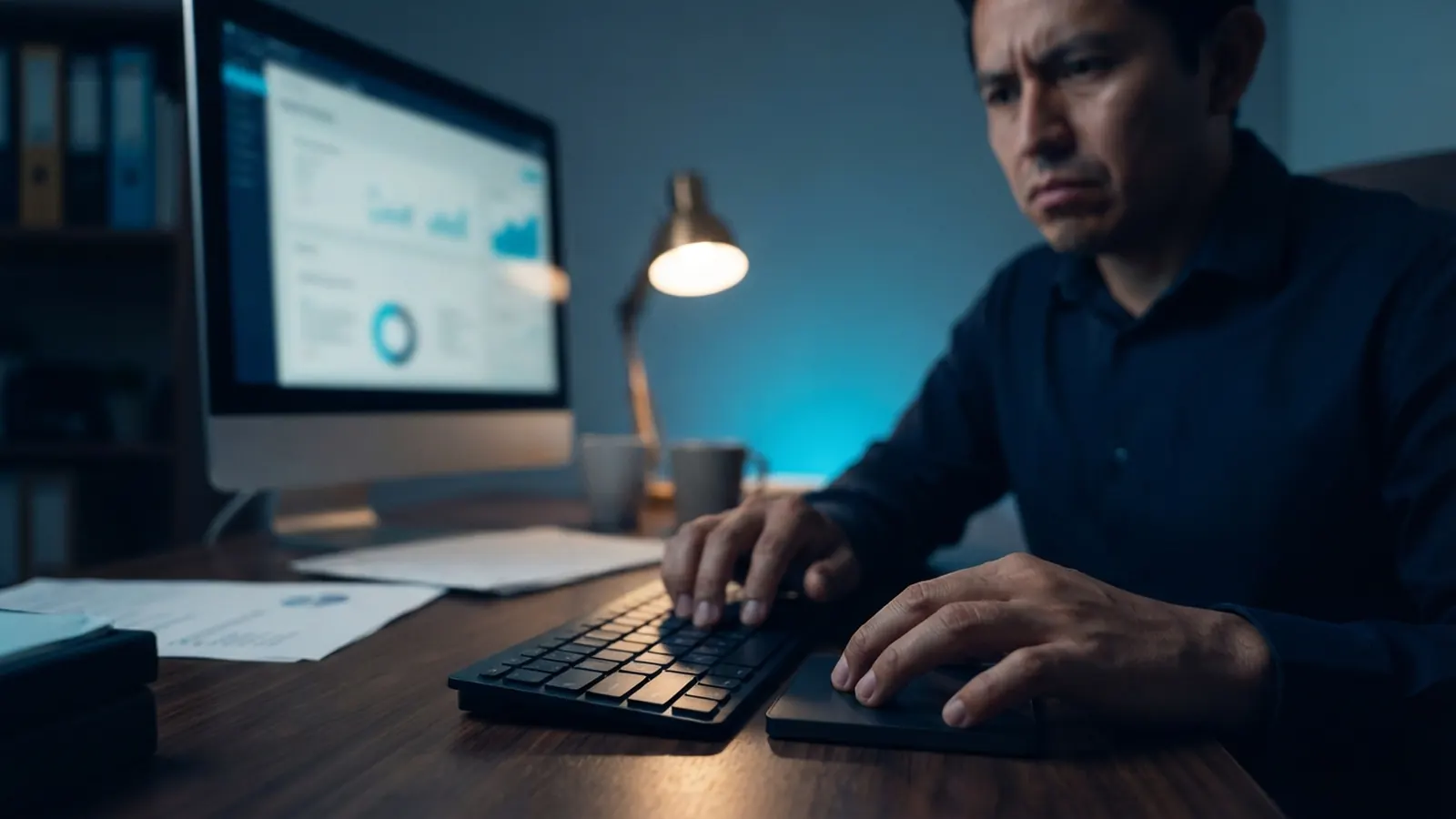 El proceso: una persona trabajando en su computadora · Meta AI responde a compradores en Facebook Marketplace