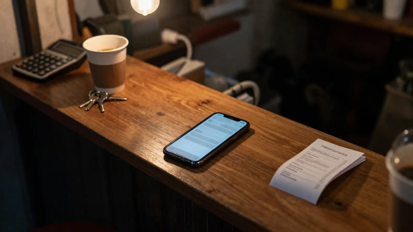 Mostrador vacío de un negocio de noche con el celular encendido y una cotización impresa esperando respuesta