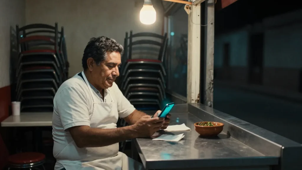 Dueño de una fonda mexicana lee en su celular los pedidos que el asistente de IA tomó mientras él cocinaba