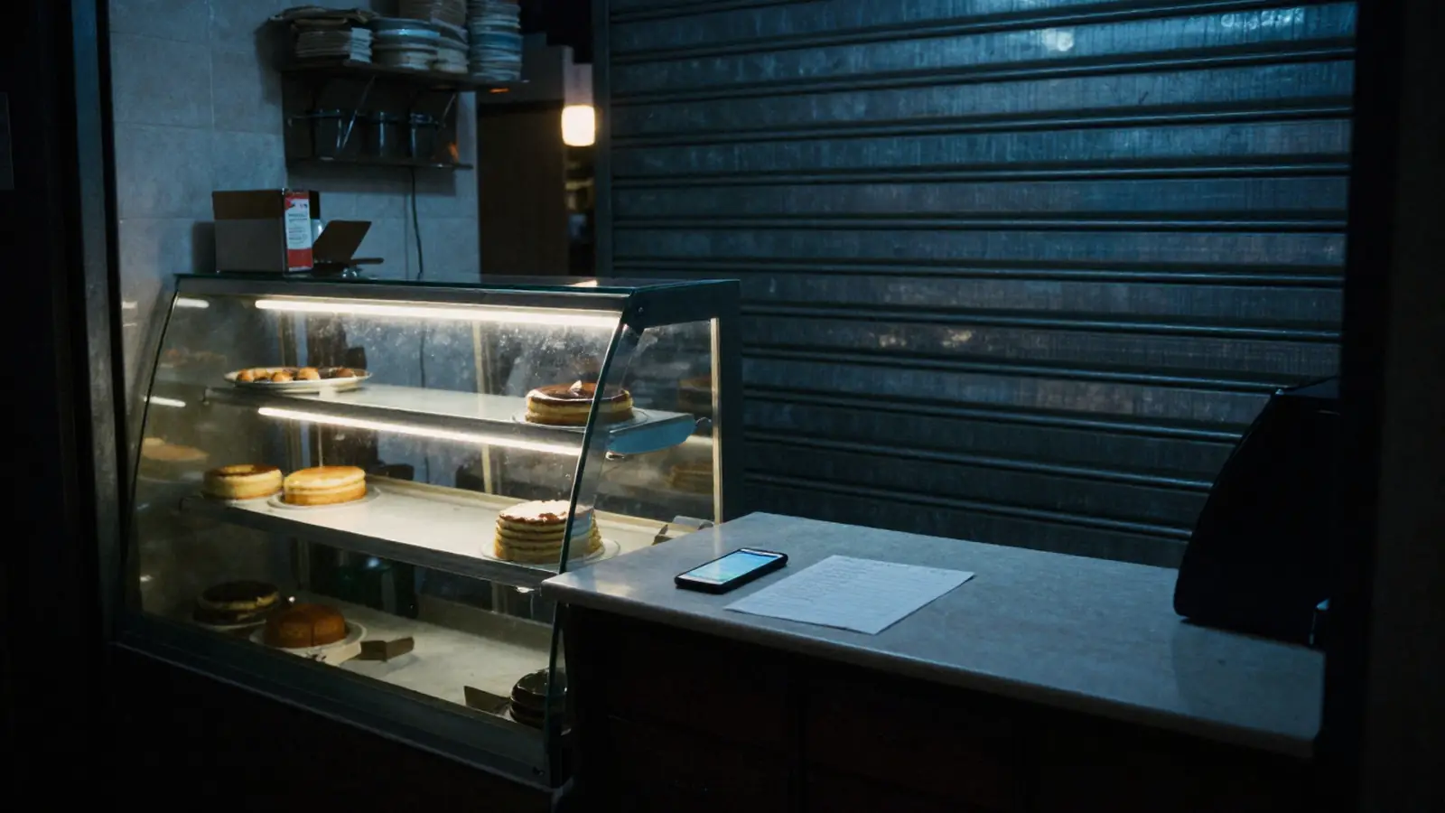 Pastelería con la cortina cerrada y un celular en el mostrador: los mensajes de la noche que nadie contesta