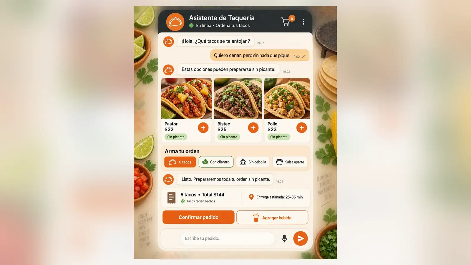 Pantalla real del asistente para taquerías de iAmanos: toma el pedido con el menú y los precios del negocio